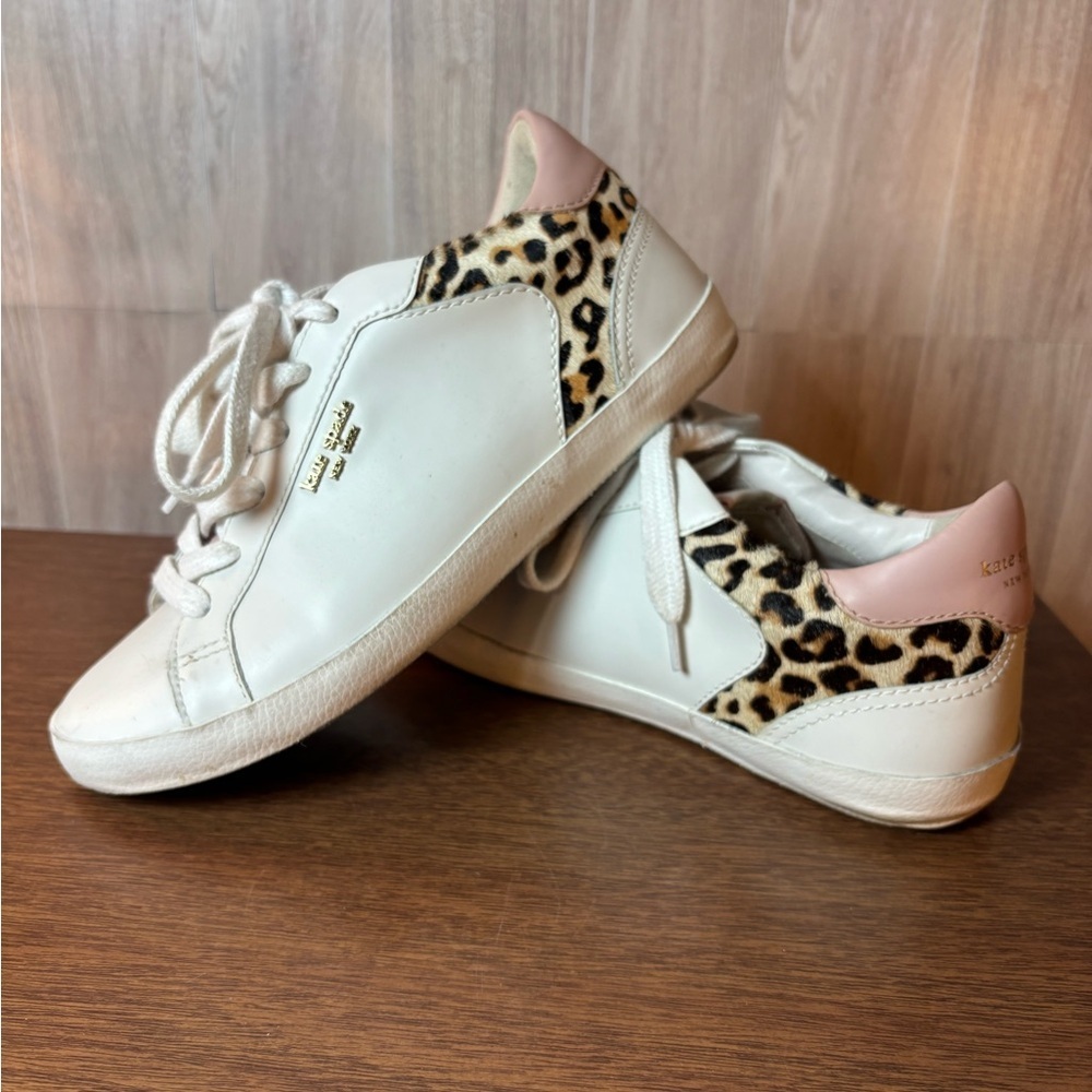 Kate Spade White Leather Sneakers with Leopard Print and Pink Heel Size 7.5